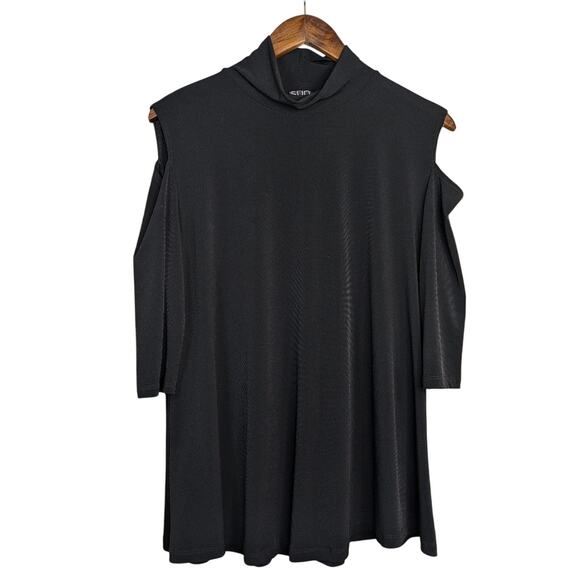 Clara Sun Woo Black Cold Shoulder Top L Mock Neck Tunic Jersey Knit Stretch - Picture 9 of 11